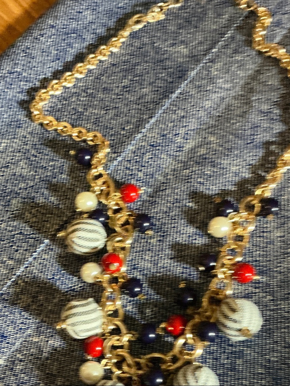 Gold toned Chain Necklace with Red, Navy & Cream Striped Beads